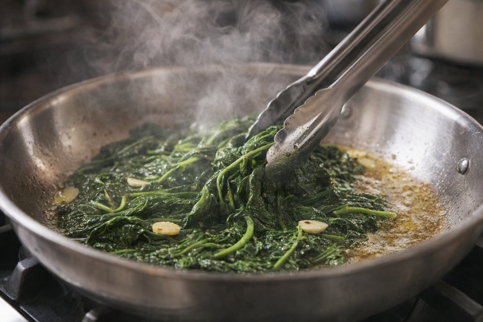 Spinach being sautéed in a stainless steel skillet, steam rising, tongs tossing the greens, visible garlic and oil, captured at a close angle under professional studio lighting